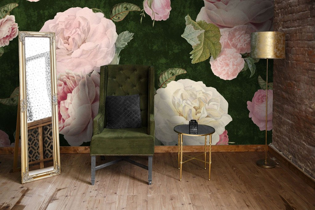 Roses Dark Green – Tapeta na wymiar